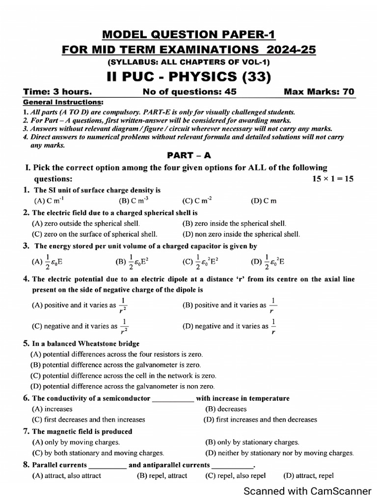 Ii Pu Phy Mid Term Exam MQP-1 24-25 SPC KVV | PDF