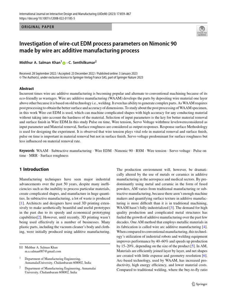 Investigation of Wire-Cut EDM Process Parameters On Nimonic 90 Made by ...