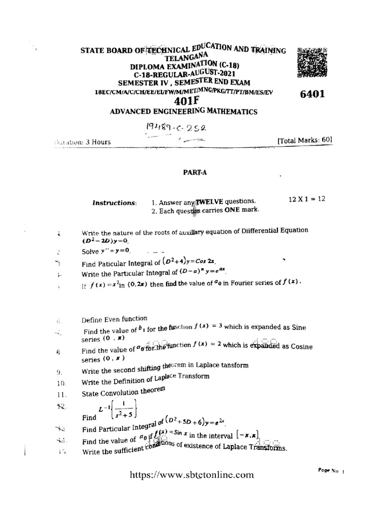 Common 4 Sem Advanced Engineering Mathematics 6401 C 18 Aug 2021 | PDF
