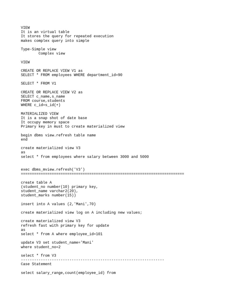 SQL-D8-View, Materialized View and Case Statement & CTE | PDF