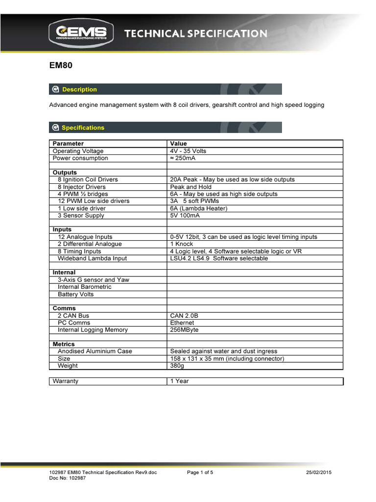 EM80 Engine Management System Specs | PDF | Electricity | Electrical ...
