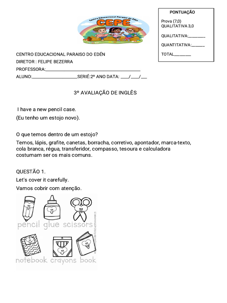 PROVA DE INGLÊS 2 ANO Imprimir | PDF