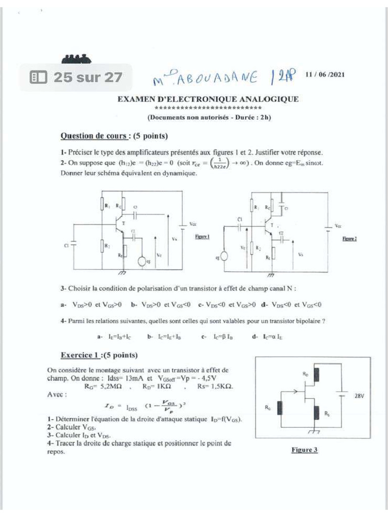 Examen Electronique 2AP S2 2021 | PDF