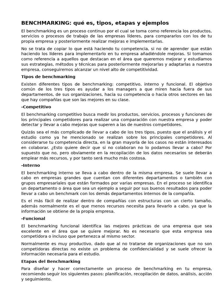 Benchmarking: Tipos y Etapas Esenciales | PDF | Benchmarking | Business