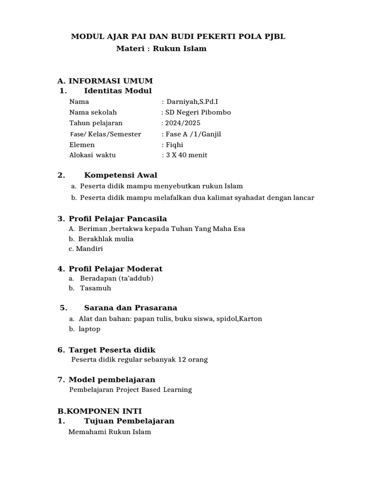 Modul PjBL Rukun Islam Kelas 1 | PDF
