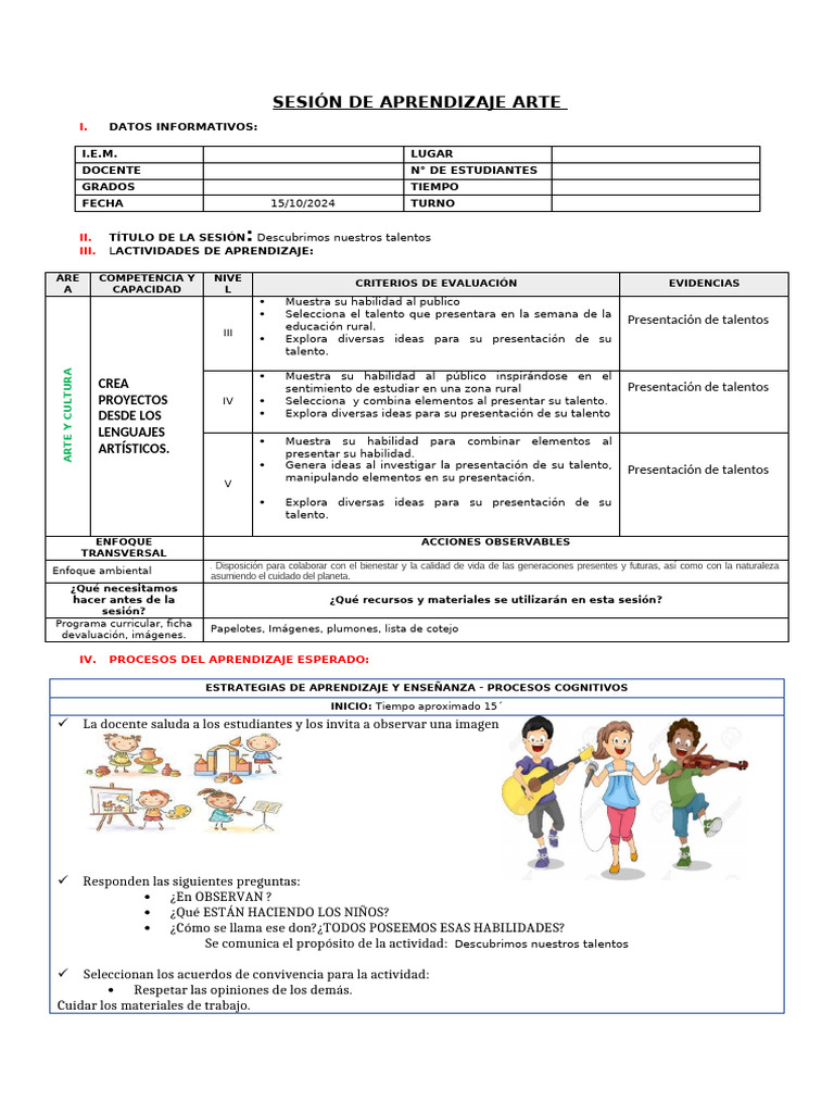 Sesión de Aprendizaje Arte 15 | PDF | Aprendizaje | Ciencia cognitiva