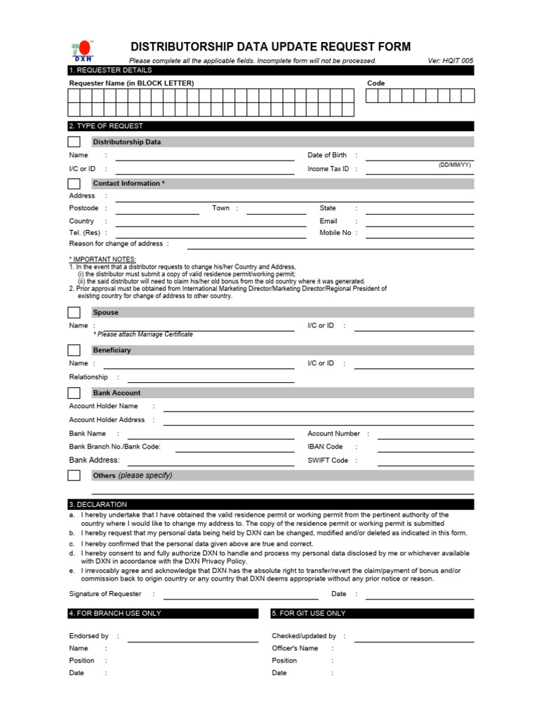 Distributorship Data Update Request Form - Version 5 | PDF