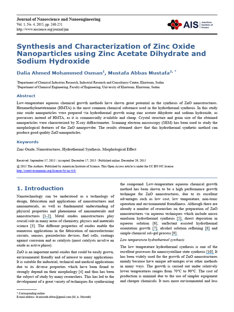 Synthesis of Zinc Oxide Nanoparticles | PDF | Zinc Oxide | Nanoparticle