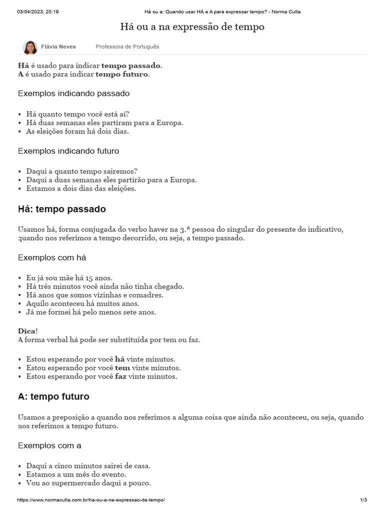 Uso de HÁ e A na expressão de tempo | PDF | Tempo | Famílias linguísticas