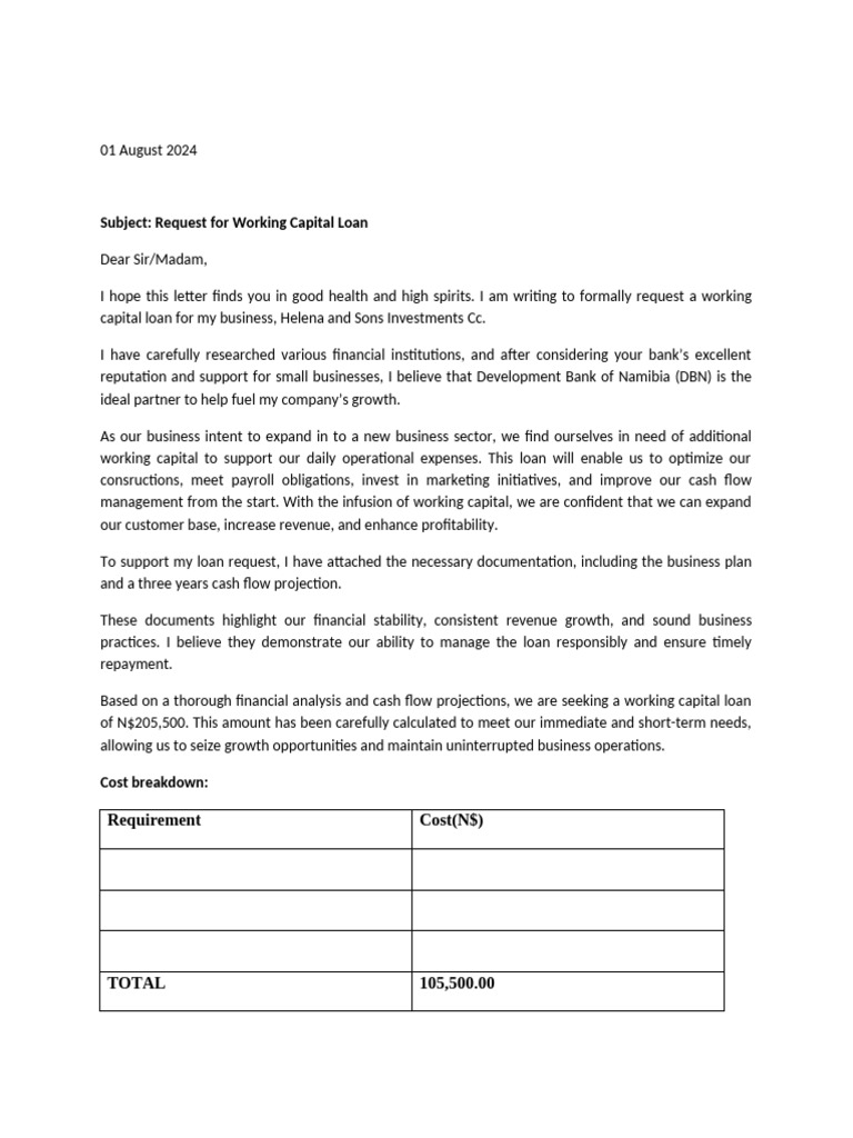 Request For Working Capital | PDF | Loans | Expense, image size:768x1024