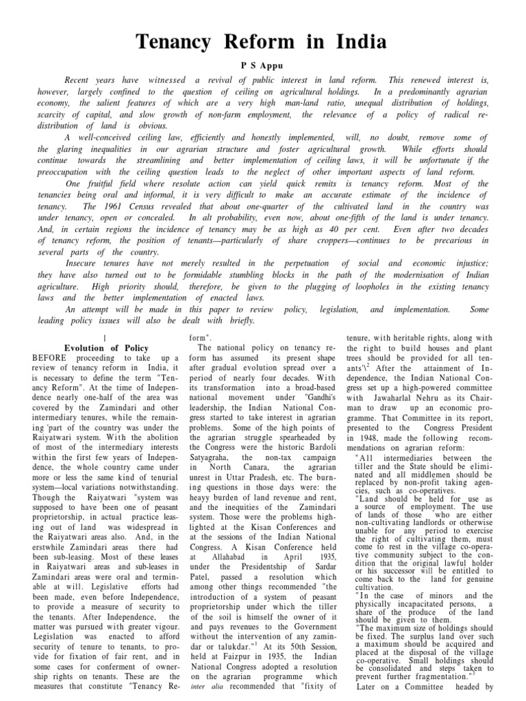 Tenancy Reform in India - P S Appu | PDF