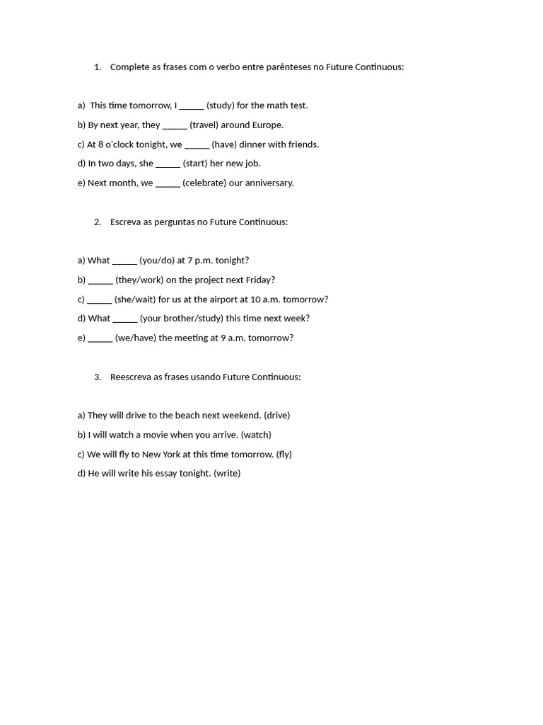 Future Continuous Tense Exercises | PDF | Language Arts & Discipline ...