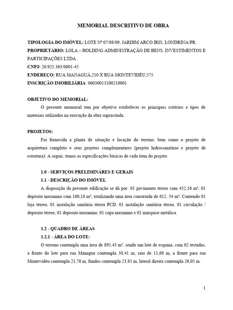 Memorial Descritivo de Obra em Londrina | PDF | Engenharia Civil