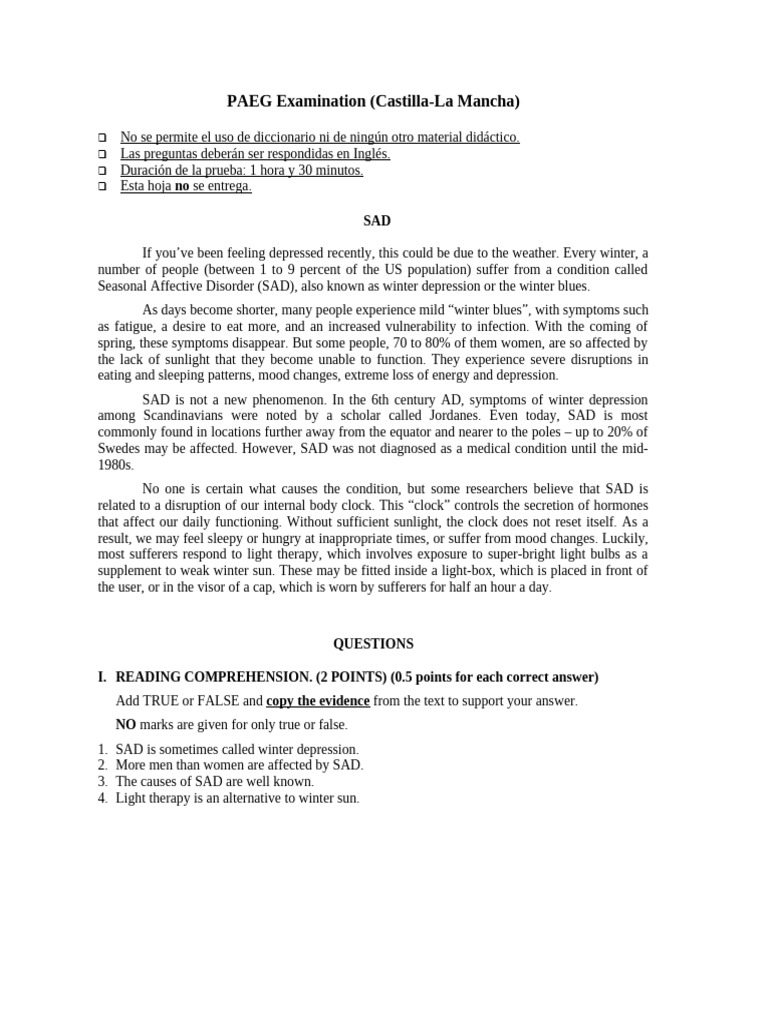 PAEG Examination (Castilla-La Mancha) : No SAD | PDF | Major Depressive ...