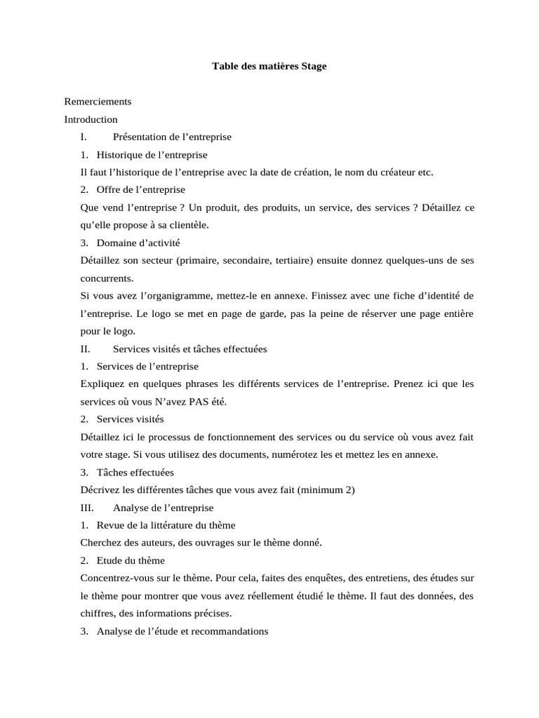 Table des matières du rapport de stage | PDF | Évolution de carrière