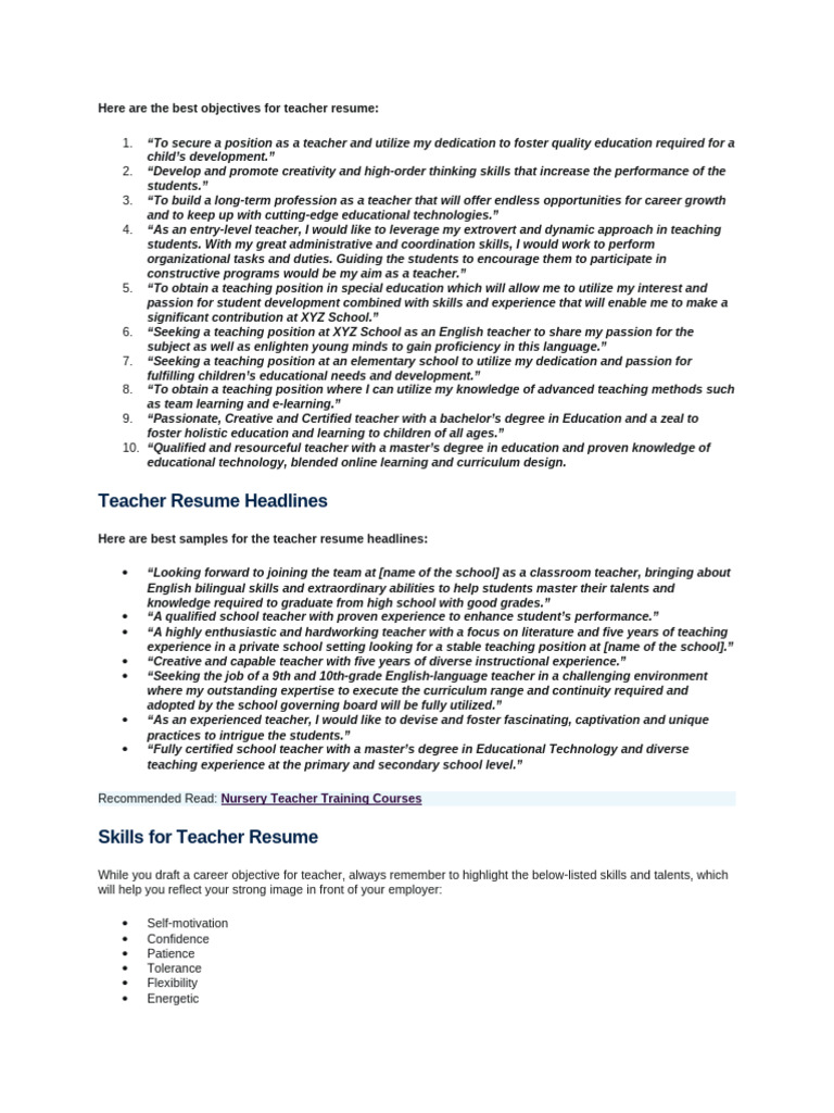 Best Teacher Resume Objectives & Skills | PDF | Teachers | Educational ...