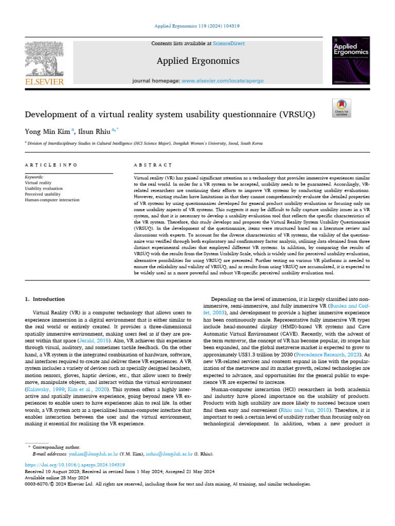 Development of VRSUQ for VR Usability | PDF | Usability | Virtual Reality