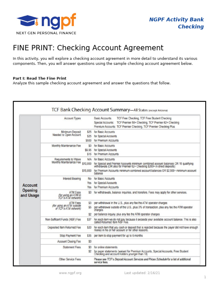 Understanding TCF Student Checking Fees | PDF | Transaction Account ...