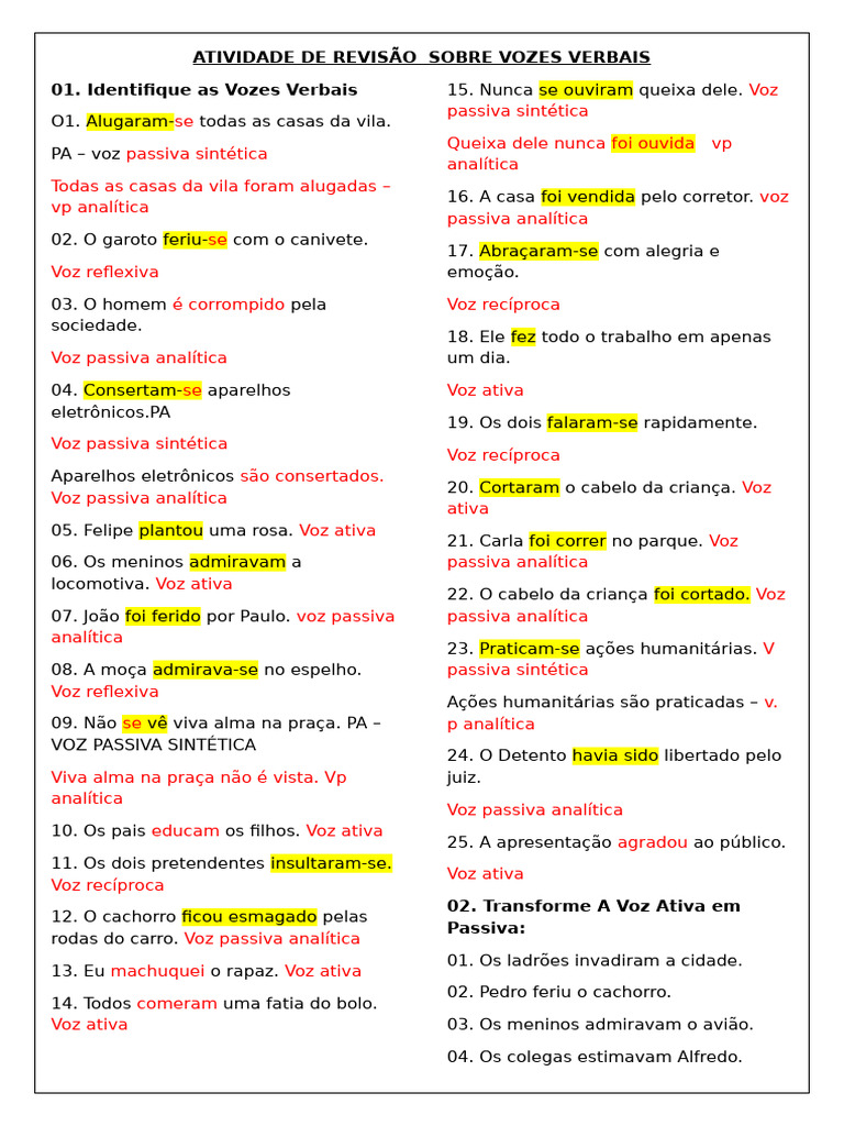 Exercícios Discursivos de Vozes Verbais | PDF