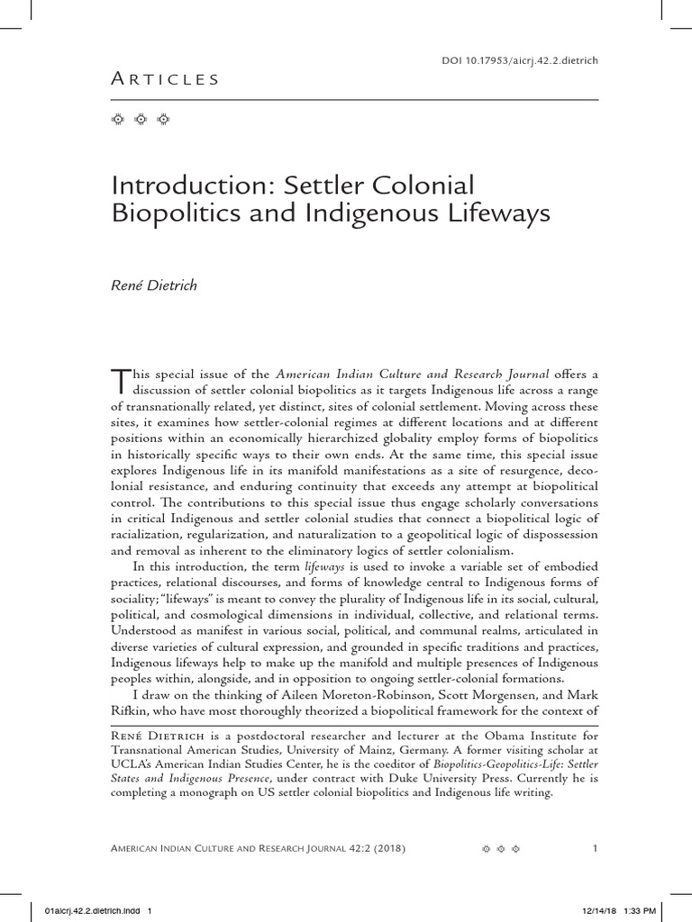 Settler Colonial Biopolitics and Indigenous Lifeways | PDF
