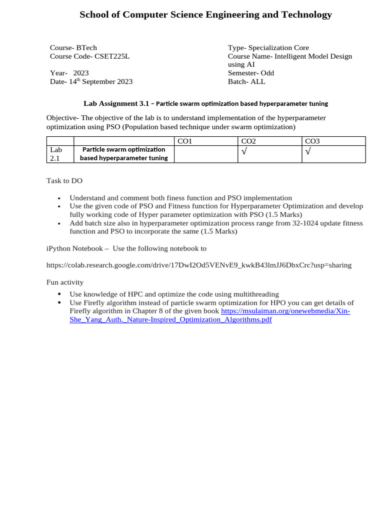 PSO Hyperparameter Tuning Lab Assignment | PDF