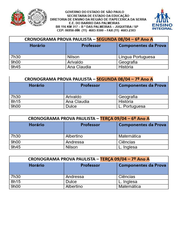 Cronograma Prova Paulista 2024 | PDF