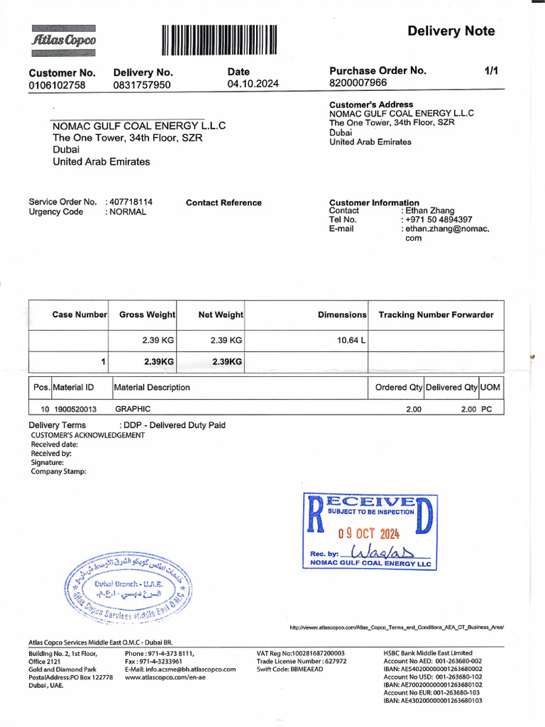 Delivery Note of PO#8200007966 (0831757950) | PDF
