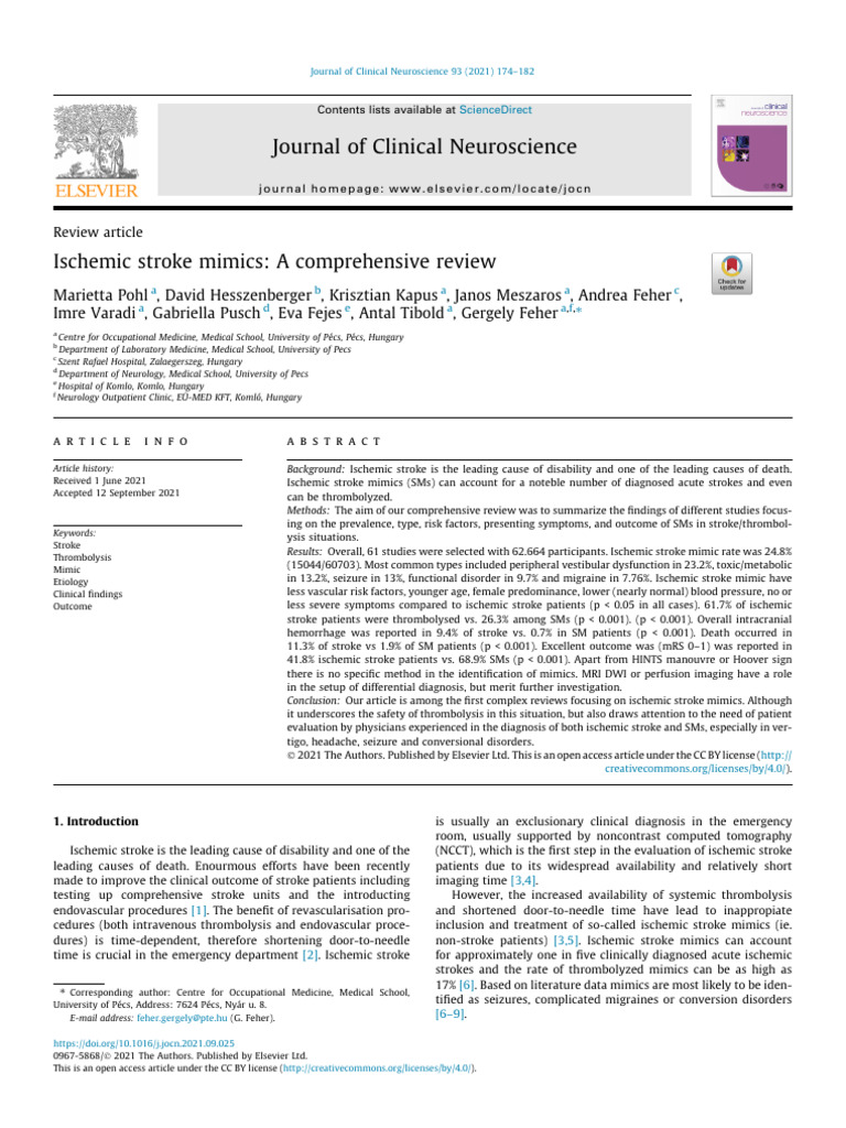 Ischemic Stroke Mimics A Comprehensive Review - Yjo | PDF | Stroke ...