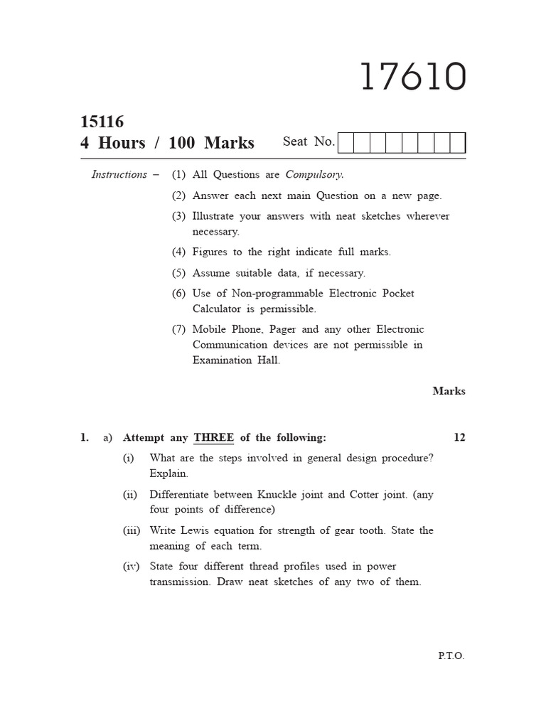 Engineering Design Exam Guidelines | PDF | Screw | Strength Of Materials