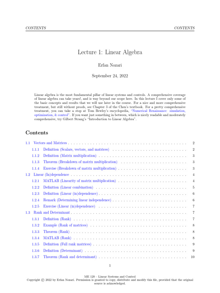 Lecture 1 - Linear Algebra | PDF | Matrix (Mathematics) | Determinant