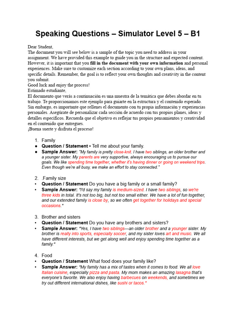 B1 Speaking Questions for Family & Work | PDF | Self-Improvement