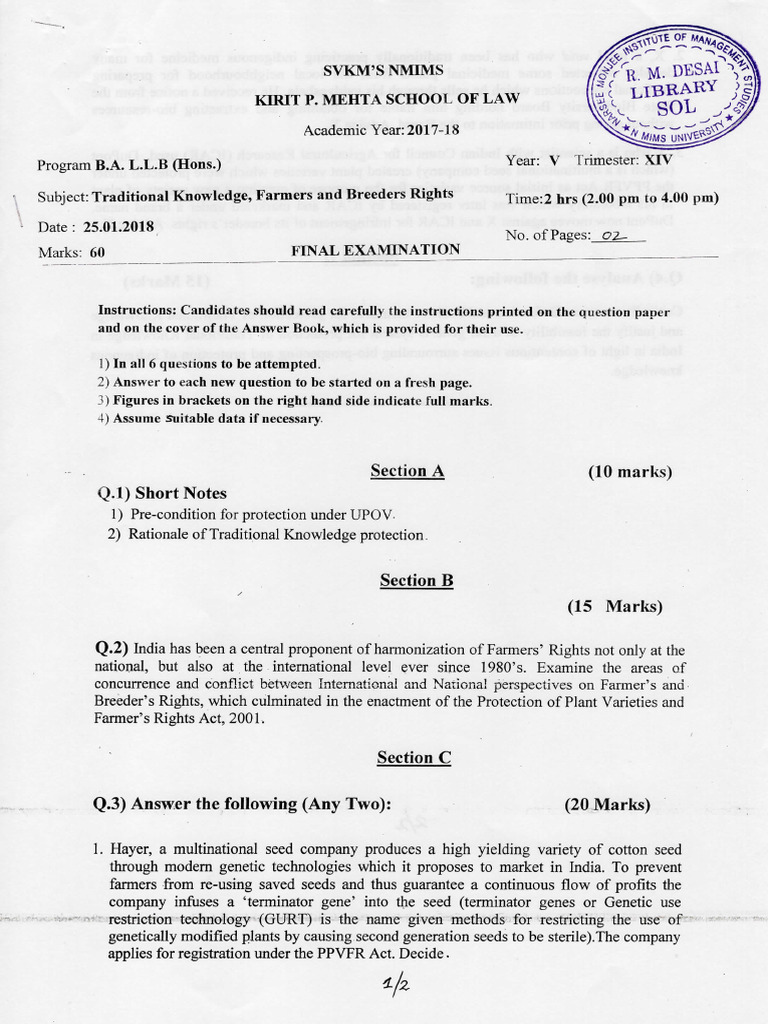 Genetics and Farmers' Rights Exam Paper | PDF | Biology | Genetics