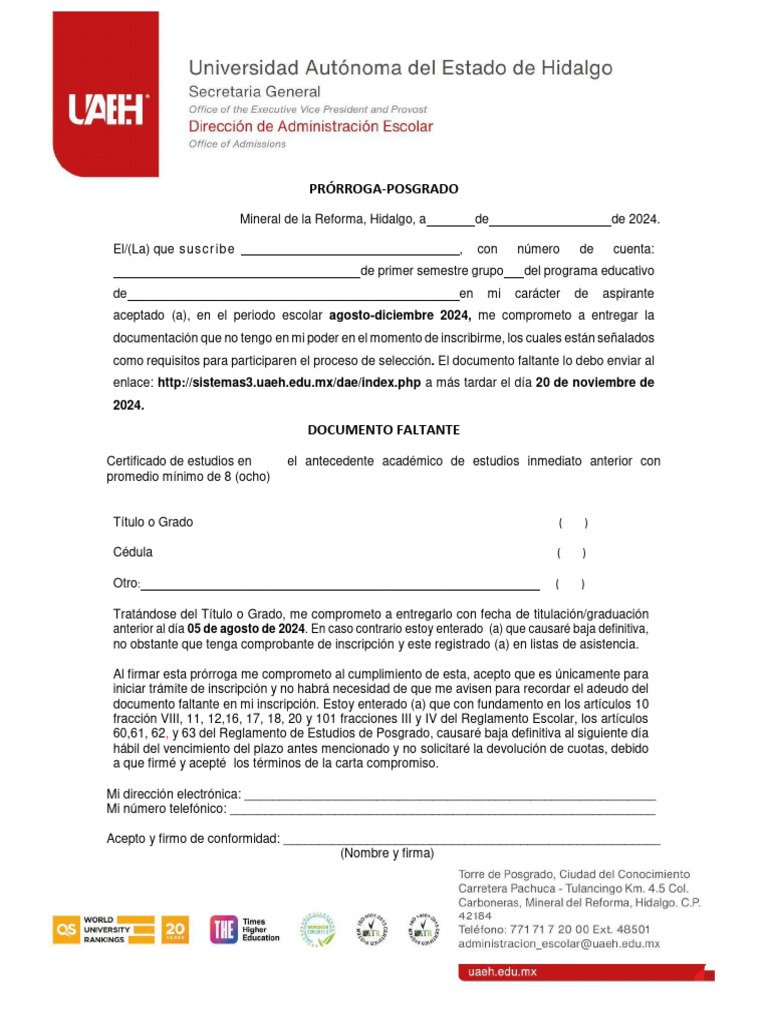 Prórroga para Documentación de Posgrado | PDF
