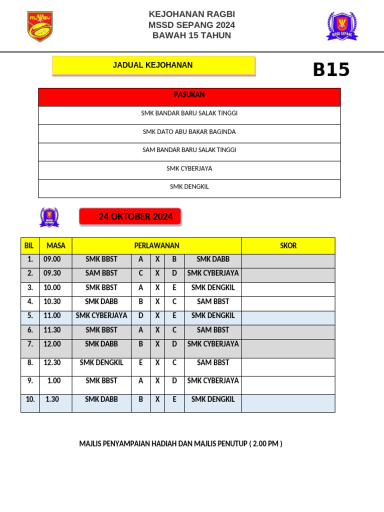 Jadual Ragbi MSSD Sepang Bawah 15 Tahun 2024 | PDF