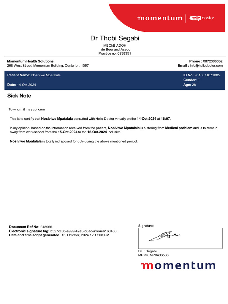Sick Note for Nosiviwe Mpatalala | PDF