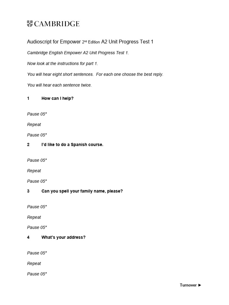 Cambridge Empower A2 Listening Test | PDF