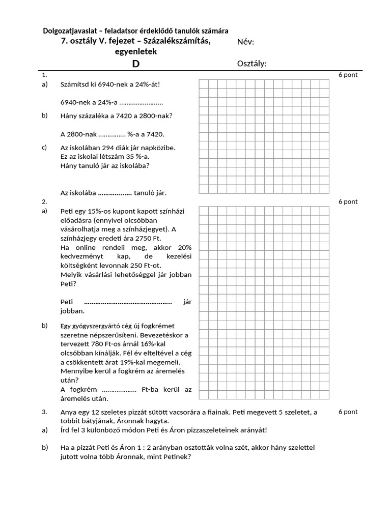 Matematika7 5 Százalékszámítás Egyenletek DF 2022 | PDF