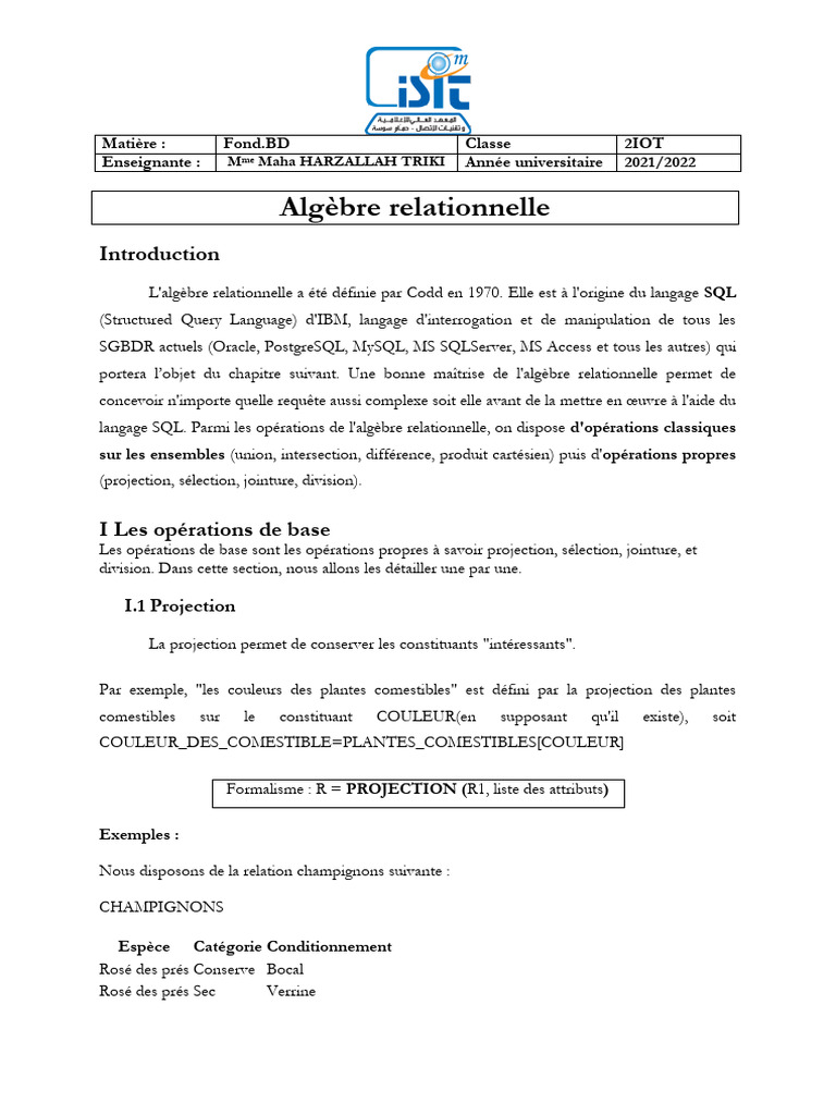 Algèbre Relationnelle : Opérations de Base et Ensemblistes | PDF ...