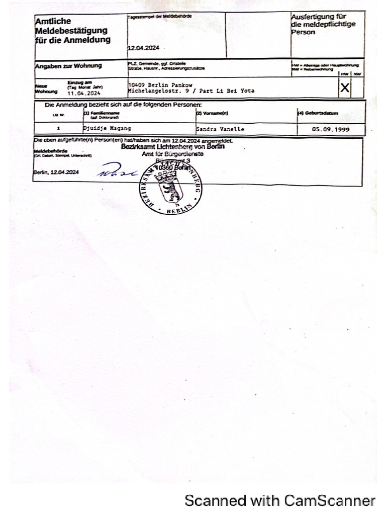Meldebestätigung Vanelle | PDF