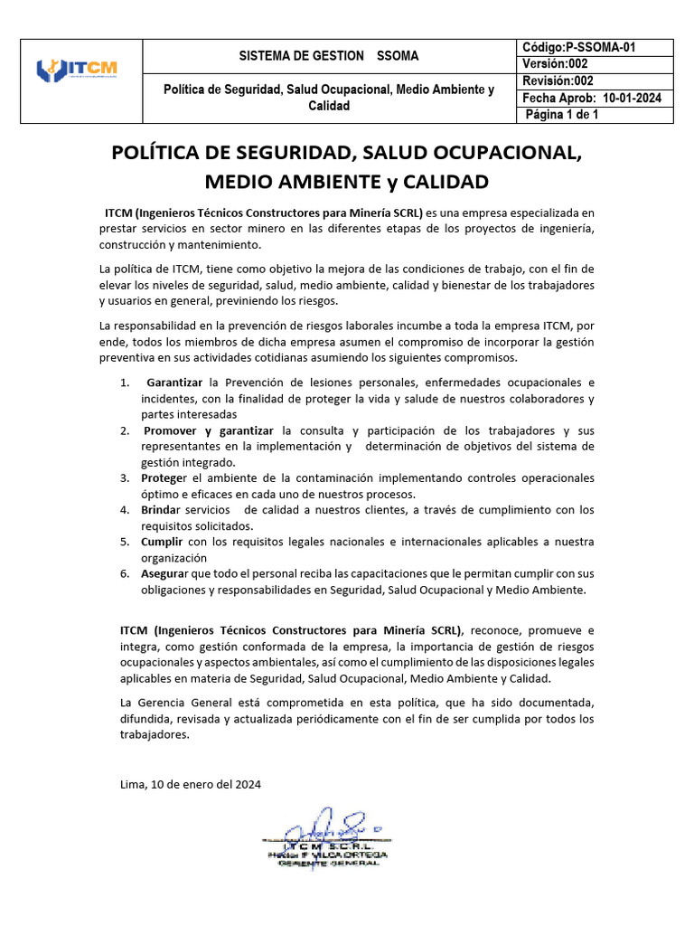 Política de Seguridad y Salud en ITCM | PDF | Calidad (comercial ...