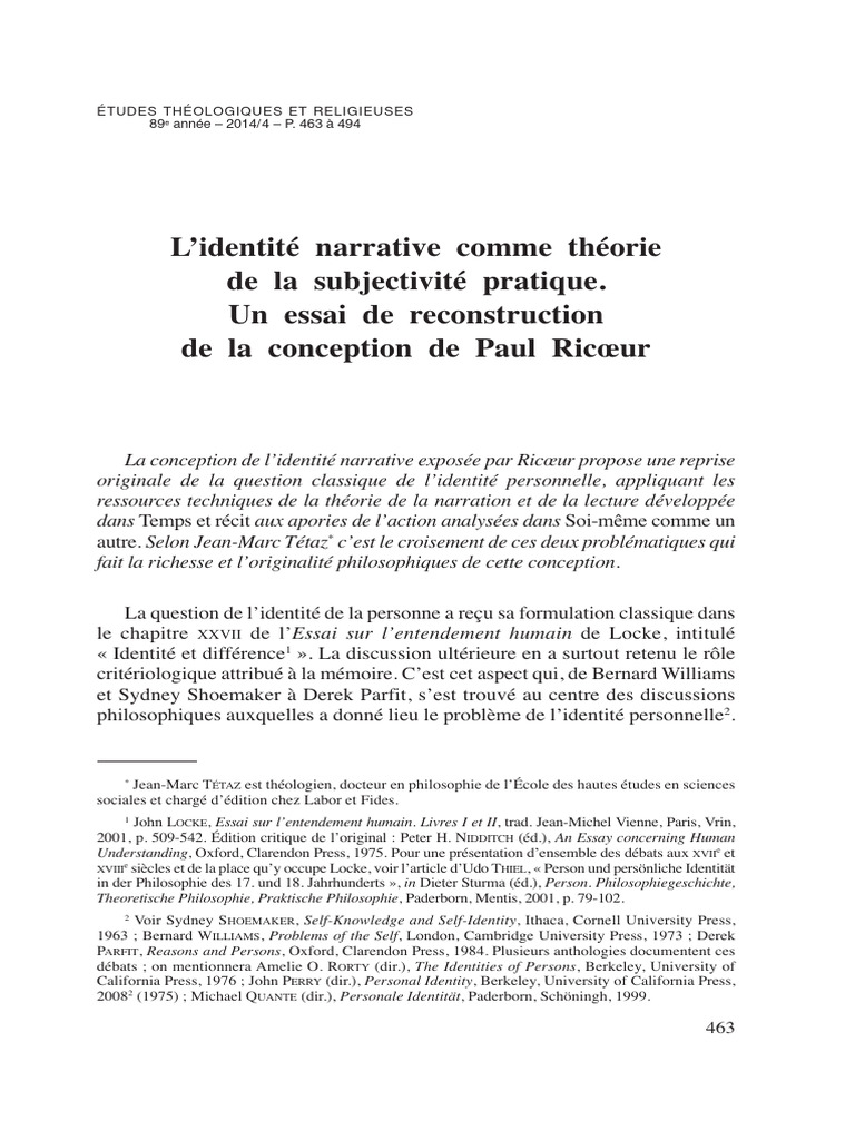 Identité narrative et subjectivité selon Ricœur | PDF | Ontologie ...
