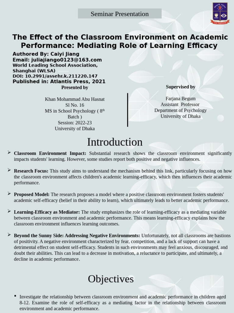 Classroom Impact on Young Learners | PDF | Self Efficacy | Student's T Test