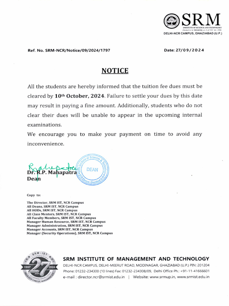 Tuition Fee Deadline Notice | PDF | Finance & Money Management