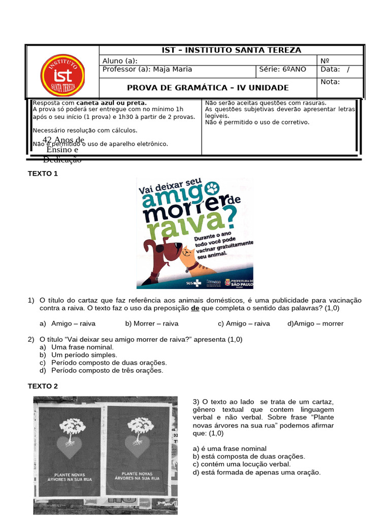 Prova 6 Ano Gramatica IV Unid IST | PDF | Linguística