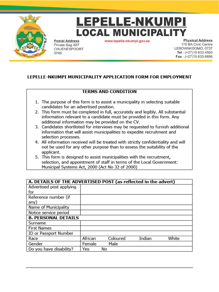 Lepelle-nkumpi Local Municipality_application Form for Employment | PDF ...