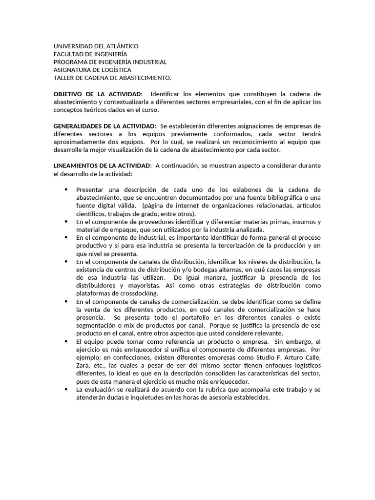 Taller Cadena de Abastecimiento 2024 | PDF | Business | Negocios económicos