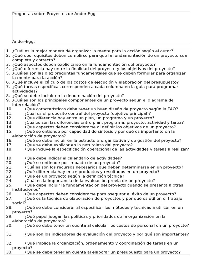 Preguntas Clave sobre Proyectos de Ander Egg | PDF | Presupuesto ...