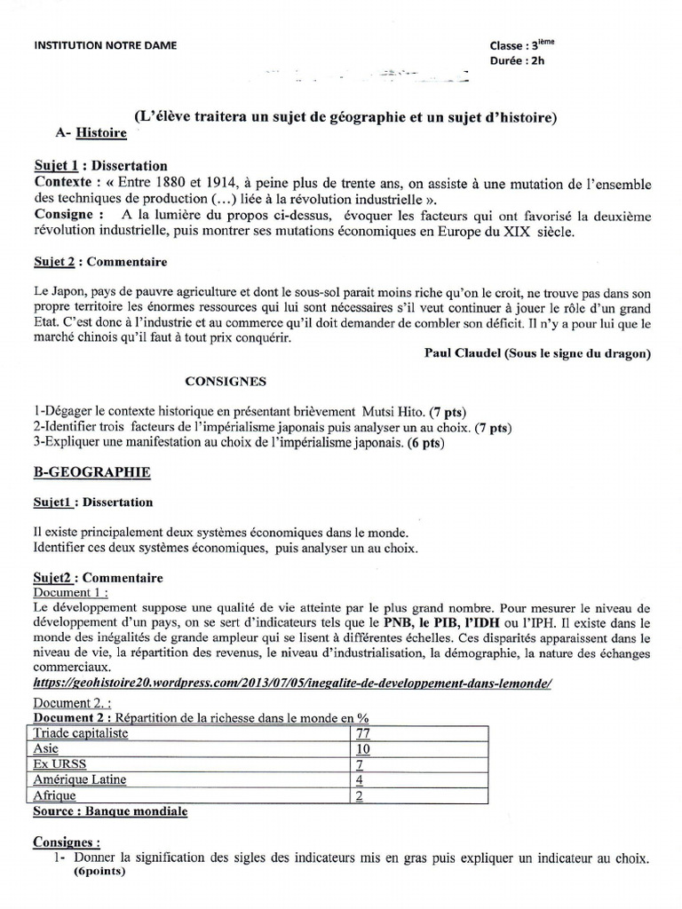 3ieme Devoir Histoire Pdf