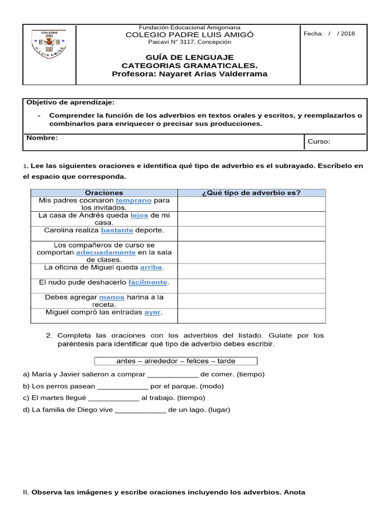 Fichas de Adverbios 5° Primaria PDF | PDF | Artes del Lenguaje y ...