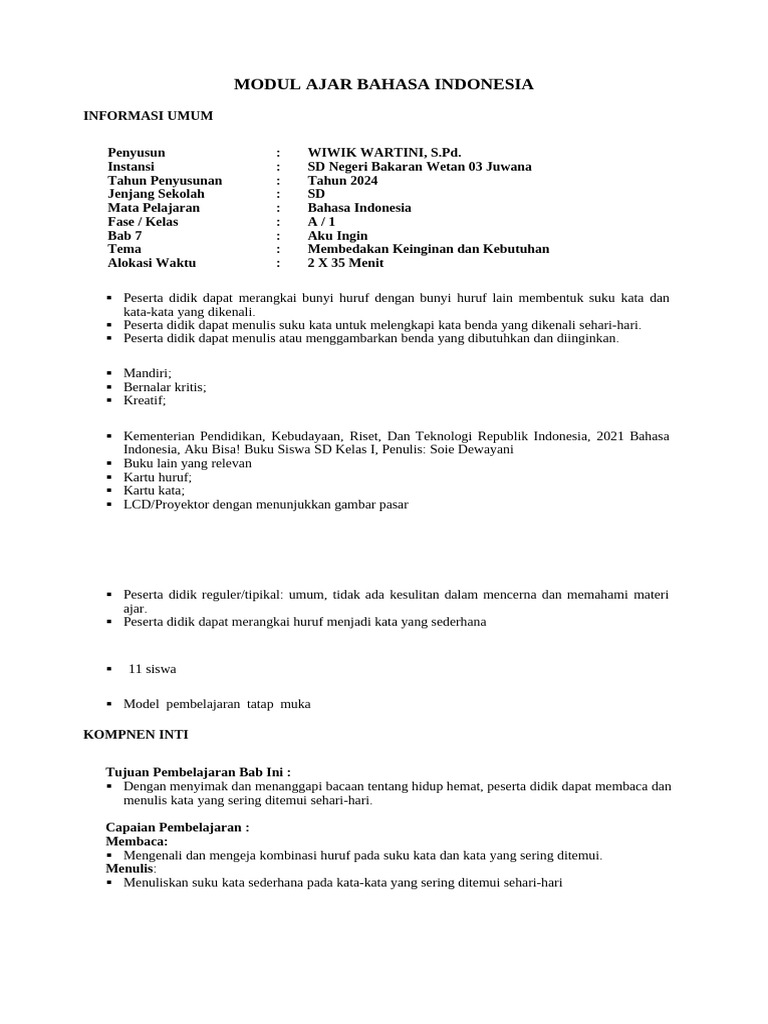 Modul Ajar B Indonesia Kelas 1 Smt 2 Bab 7 Wiwik Wartini Pdf